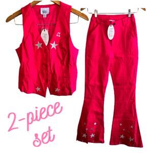 S/M Unique Vintage Hot Pink 2-Piece Star Embroidered Flare Pants & Vest